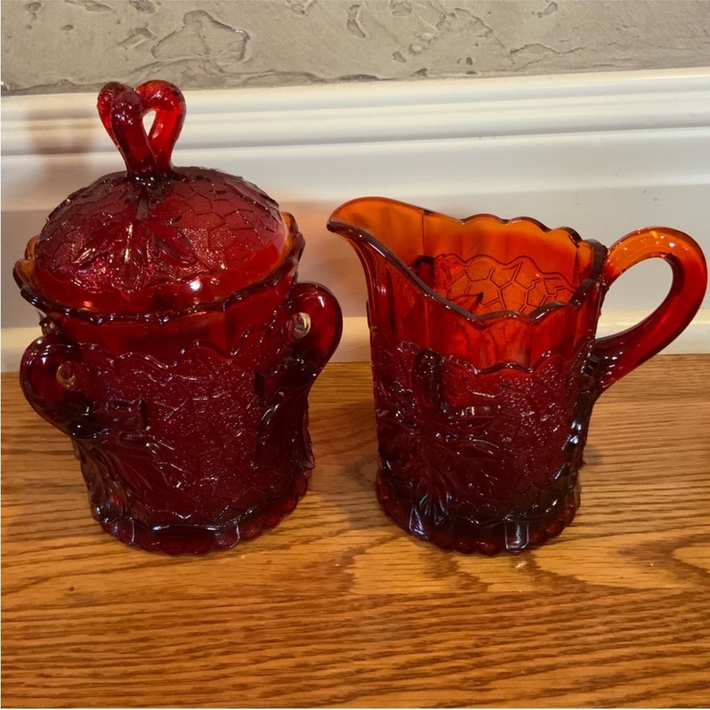 Moser Cream and Sugar Amberina Leaf 3 pc Set Vintage